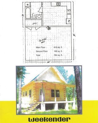 Floor plan and photo of a small cabin labeled 