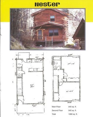 Log cabin with two floors. 