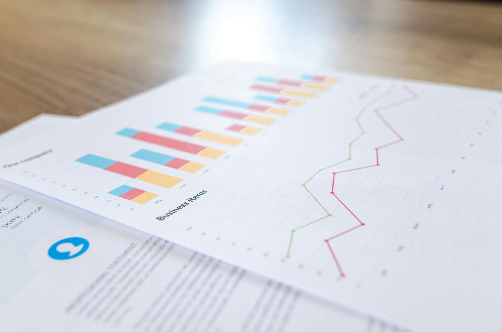 Charts and graphs on paper, showing business data, with colored bars and lines, on a wooden table.