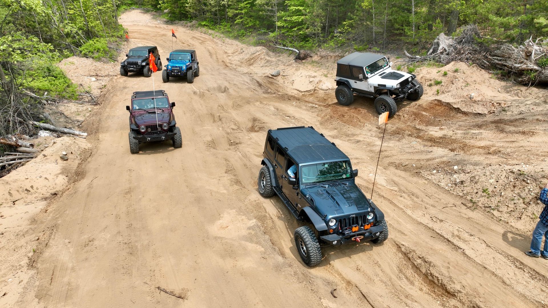 Several Jeeps driving on a muddy dirt road in a forest.