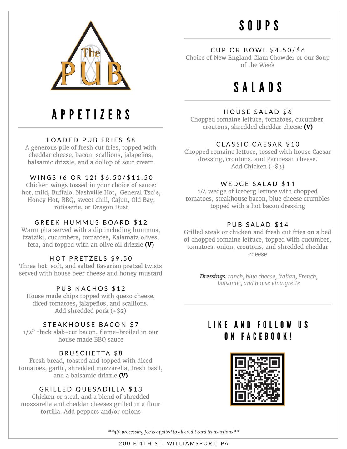 Menu for The Pub, featuring appetizers, soups, and salads. Includes a QR code.