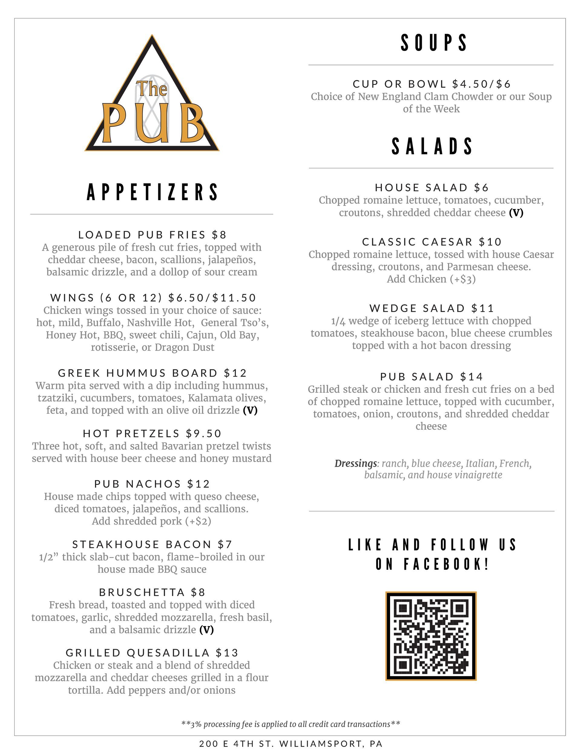 Menu for The Pub, featuring appetizers, soups, and salads. Includes a QR code.