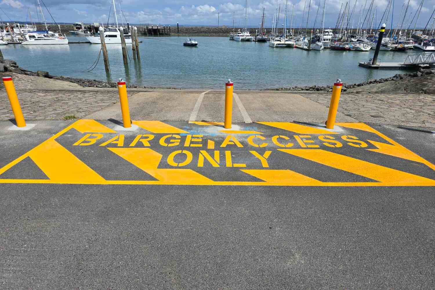 A Yellow And Black Sign That Says Barge Access Only — Spraywayz Linemarking Pty Ltd In Booral, QLD