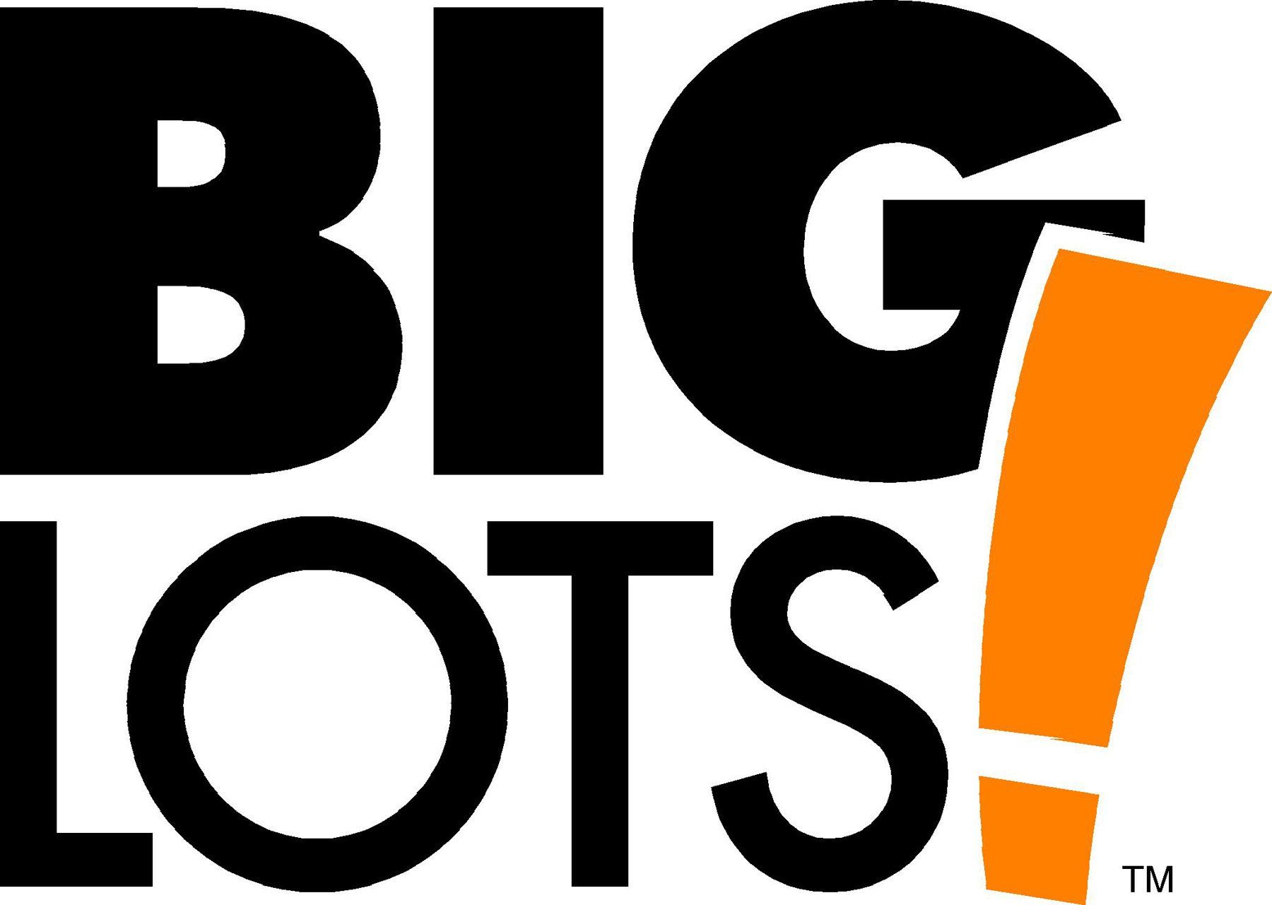 A black and orange logo for big lots with an orange exclamation point.