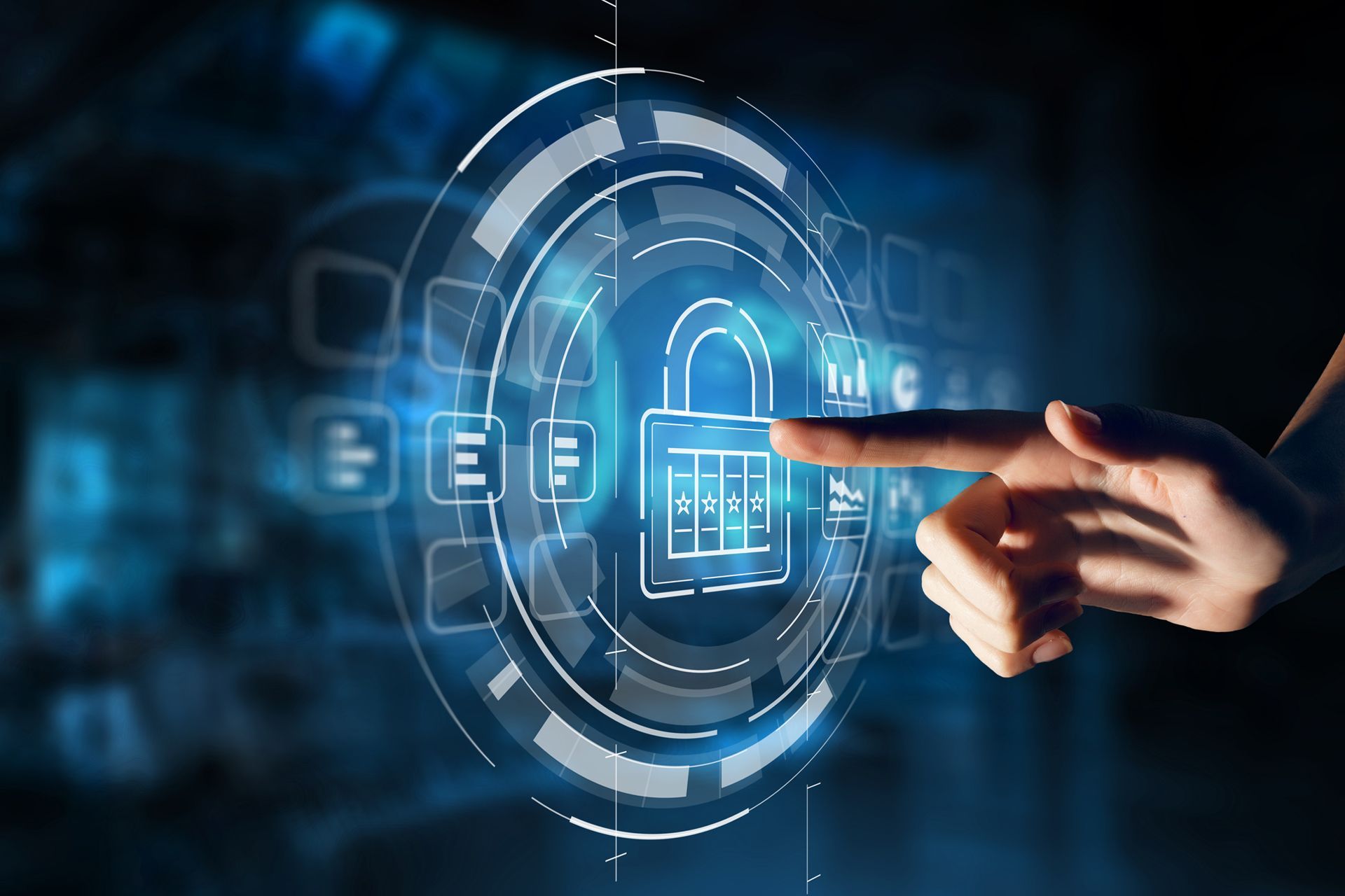 A hand touches a glowing digital padlock within a blue futuristic interface