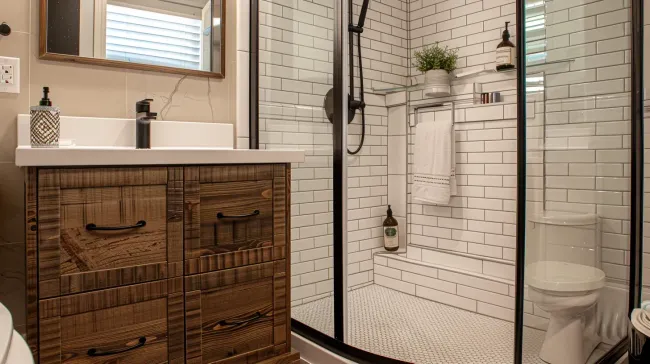 Bathroom renovations Vancouver BC featuring luxury walk-in shower with frameless glass panels. Quartz vanity countertop and undermount sink provide durable elegance. Installed by licensed and insured Metro Vancouver bathroom renovation contractors.
Vancouver bathroom remodeling project with heated porcelain tile flooring and floating vanity. LED backlit mirror enhances modern spa-inspired design. Built in compliance with BC Building Code requirements.
High-end bathroom renovation Vancouver including freestanding soaking tub and marble accent wall. Custom tile shower with linear drain ensures efficient water flow. Completed by certified Lower Mainland bathroom remodelers.
Small bathroom remodel Vancouver condo with compact vanity and wall-mounted toilet. Waterproof vinyl flooring improves moisture resistance. Ideal for strata-approved bathroom renovation projects.
Custom bathroom design Vancouver showcasing double vanity and quartz countertops. Frameless shower enclosure maximizes natural light. Executed by experienced Vancouver bathroom remodeling experts.