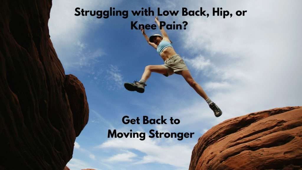 Woman leaping between rocks; text: 