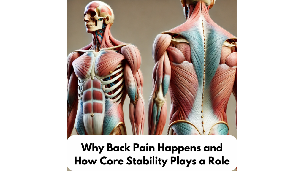 Anatomical illustration: front and back views of a torso highlighting muscles and bones, text says 
