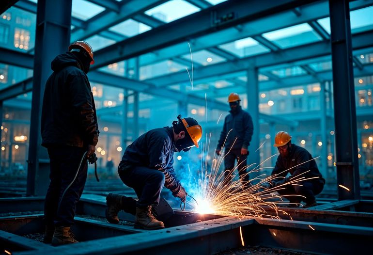 Una persona con chaleco de seguridad y casco está de pie con un perro frente a un almacén