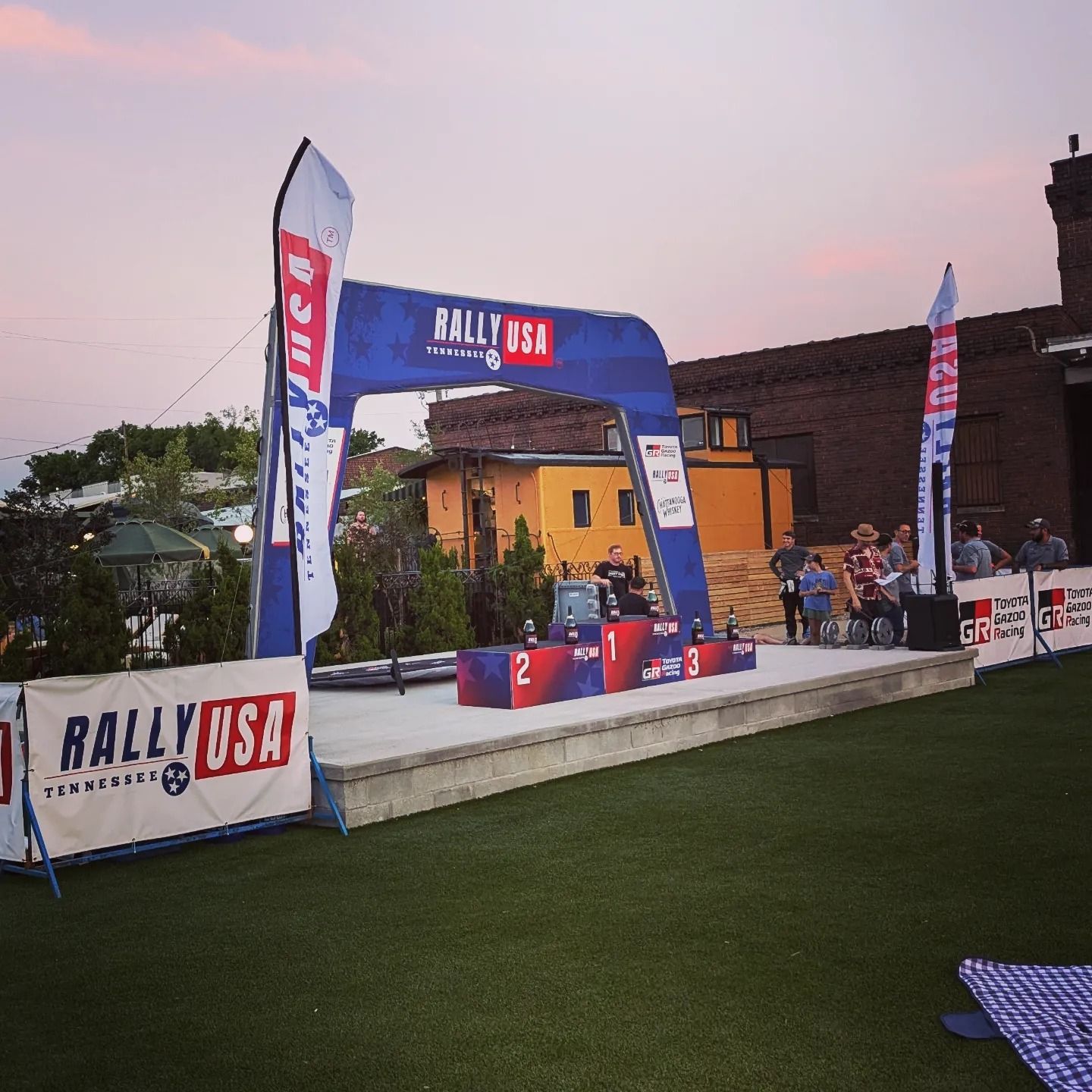 A podium with a banner that says rally usa