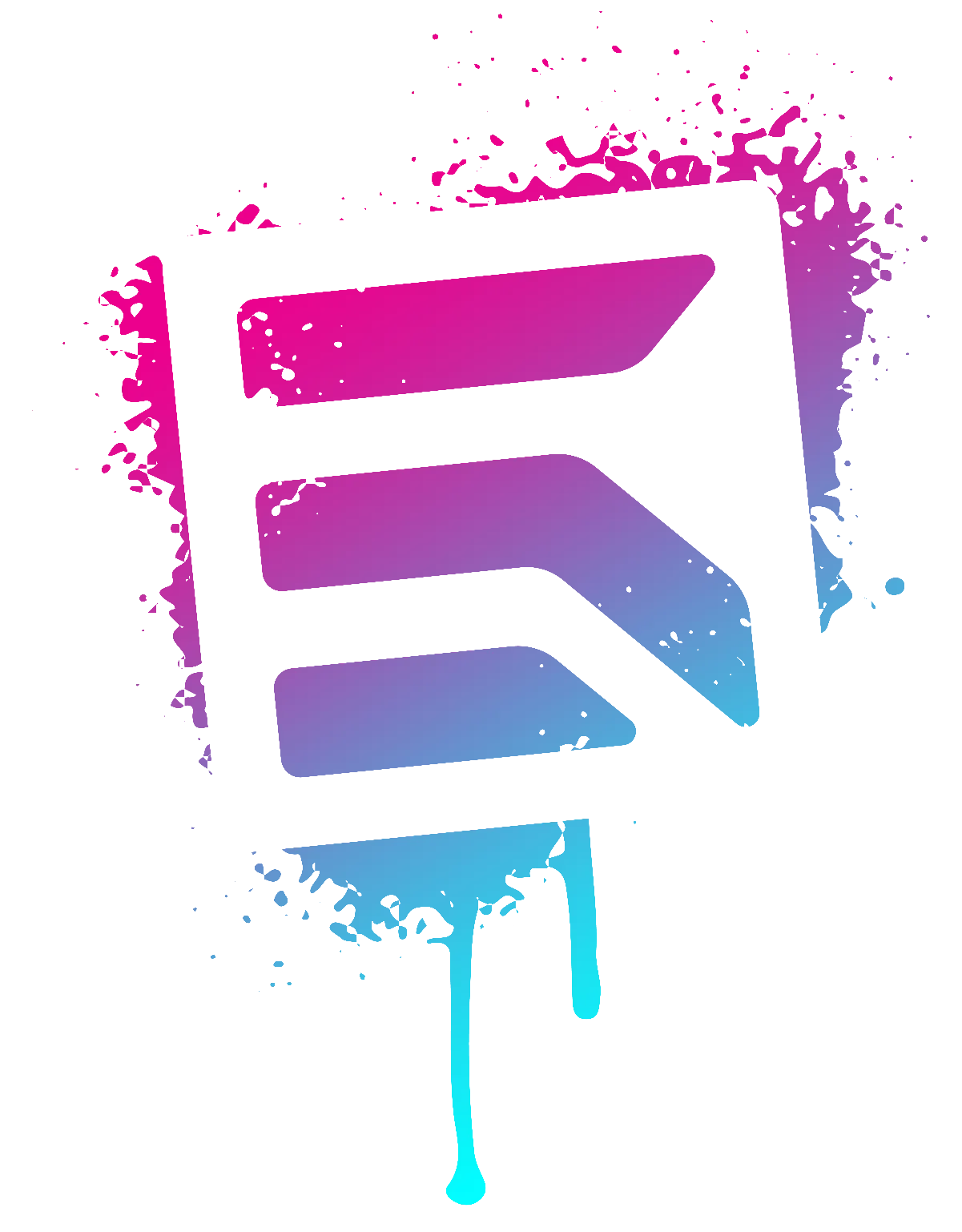 The letter e is painted in purple and blue on a white background