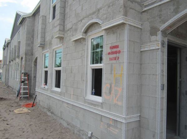 A building is being built with a lot of windows and a ladder in the background.
