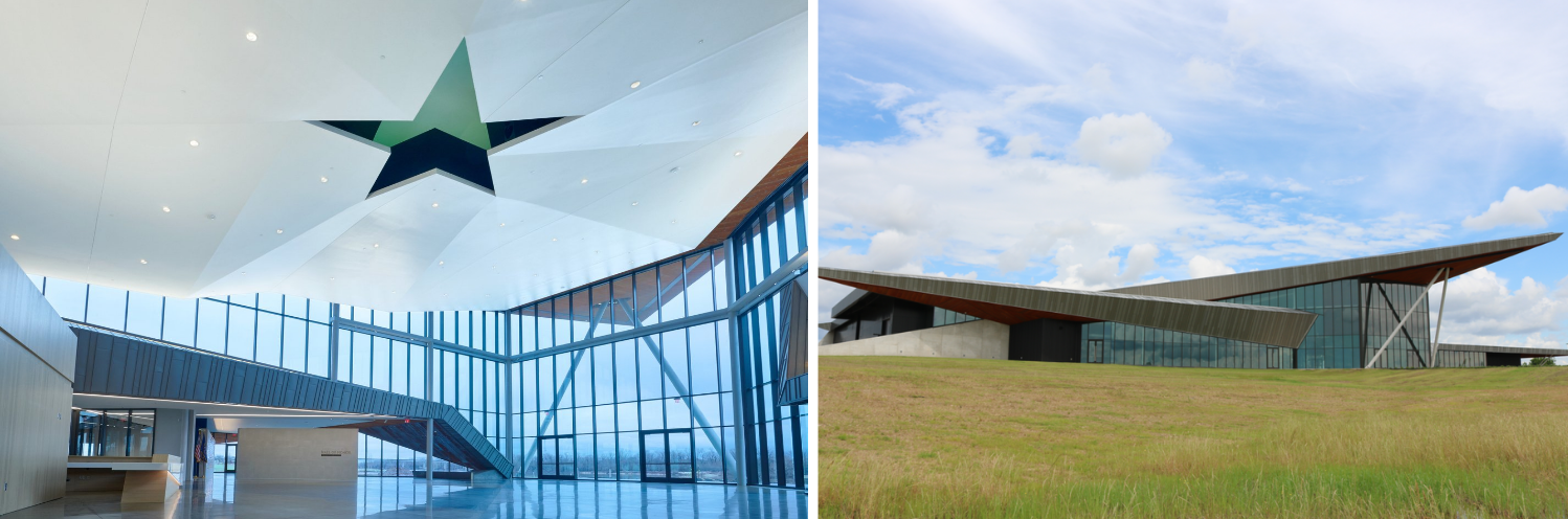 Interior and exterior views of a modern building with a star-shaped skylight and a sleek, angled, glass-walled design.