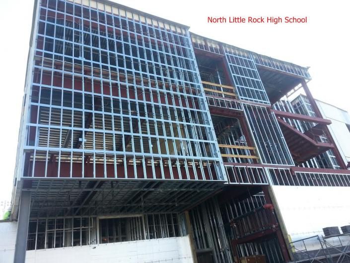 The steel frame skeleton of the North Little Rock High School building under construction.