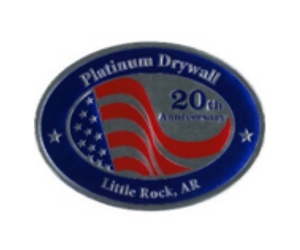 Oval Platinum Drywall 20th Anniversary logo with a stylized American flag and Little Rock, AR text on a blue background.