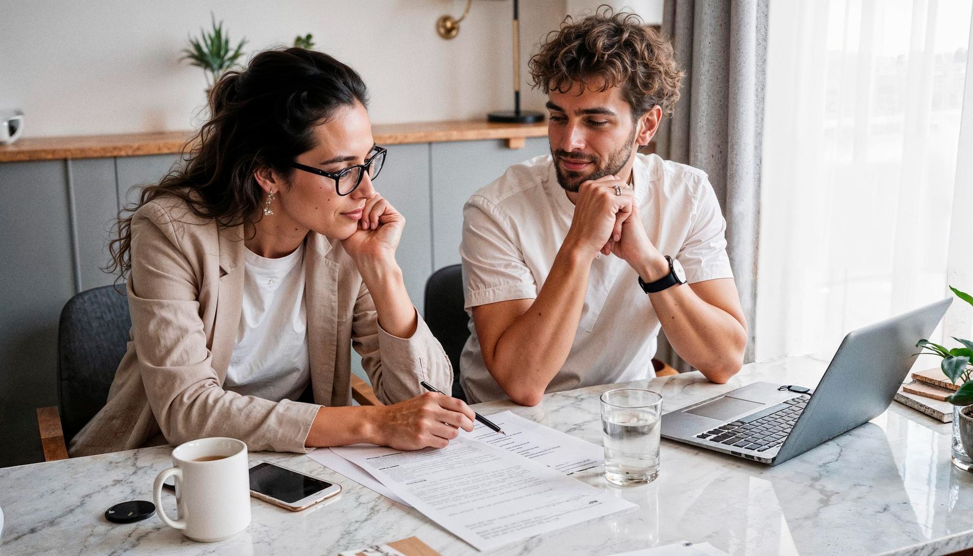 Woman and man reviewing paperwork, laptop and coffee on table.