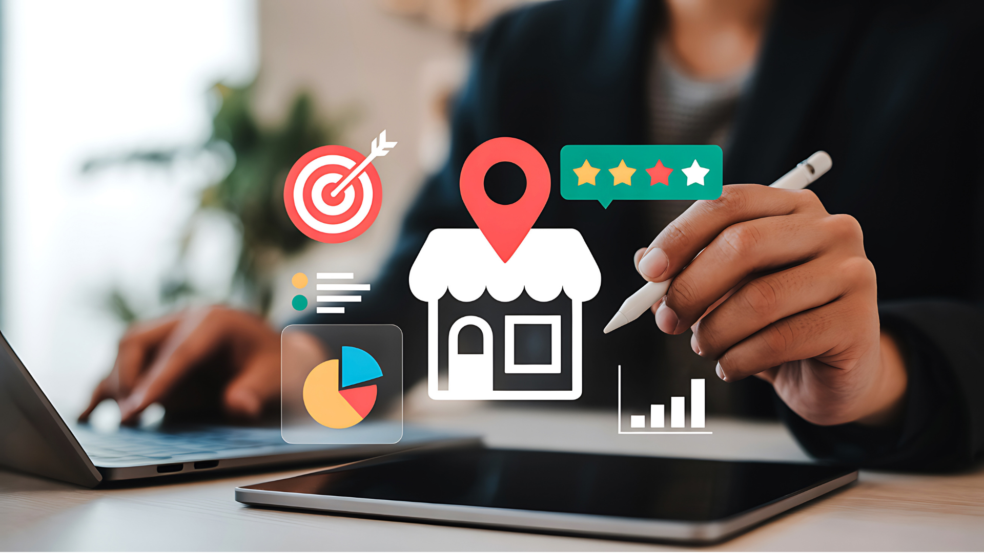 A person using a laptop and stylus with digital icons representing business goals, store location, ratings, and analytics.