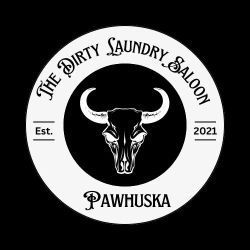 Logo for The Dirty Laundry Saloon in Pawhuska, featuring a bull skull in a circle.