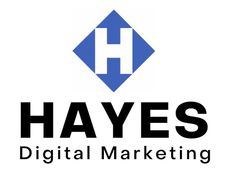 The logo for hayes digital marketing is blue and black