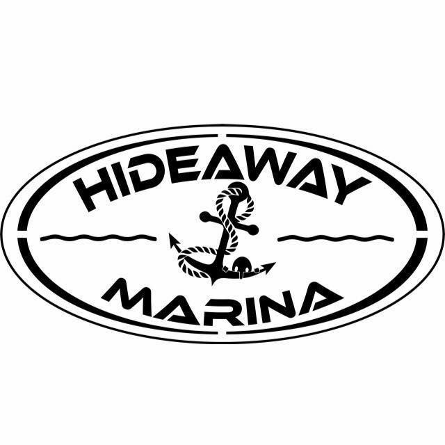 Hideaway Marina logo: oval with text and anchor icon. Black text 