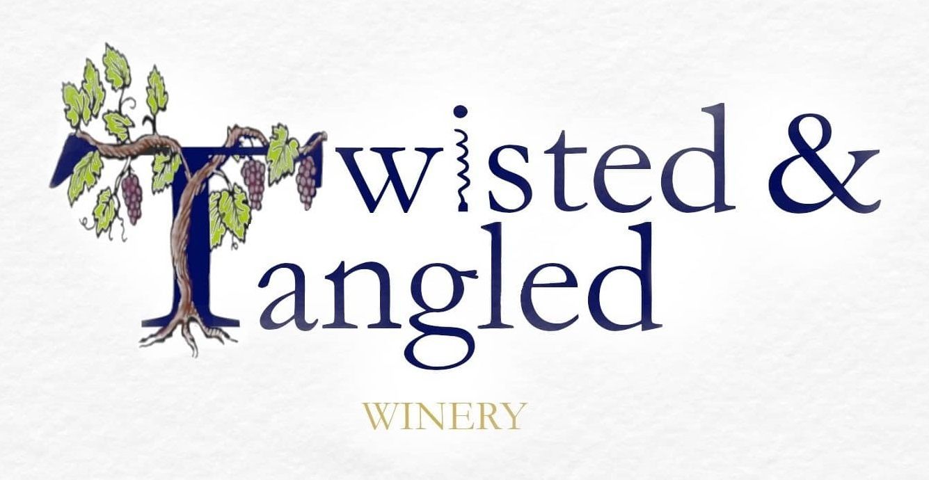 A logo for twisted and tangled winery with a tree and grapes