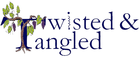 A logo for twisted and tangled winery  with a tree and grapes