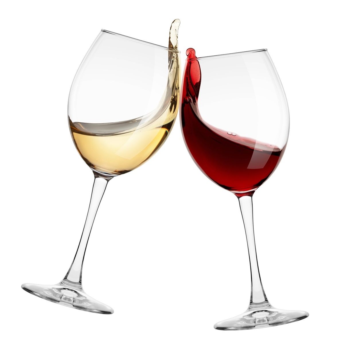 Two wine glasses toasting with white and red wine