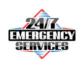 A sticker that says `` 24 hour emergency services '' on a gray background.