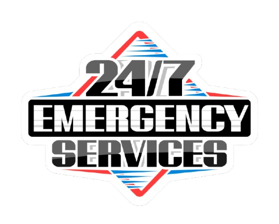 A sticker that says `` 24 hour emergency services '' on a gray background.