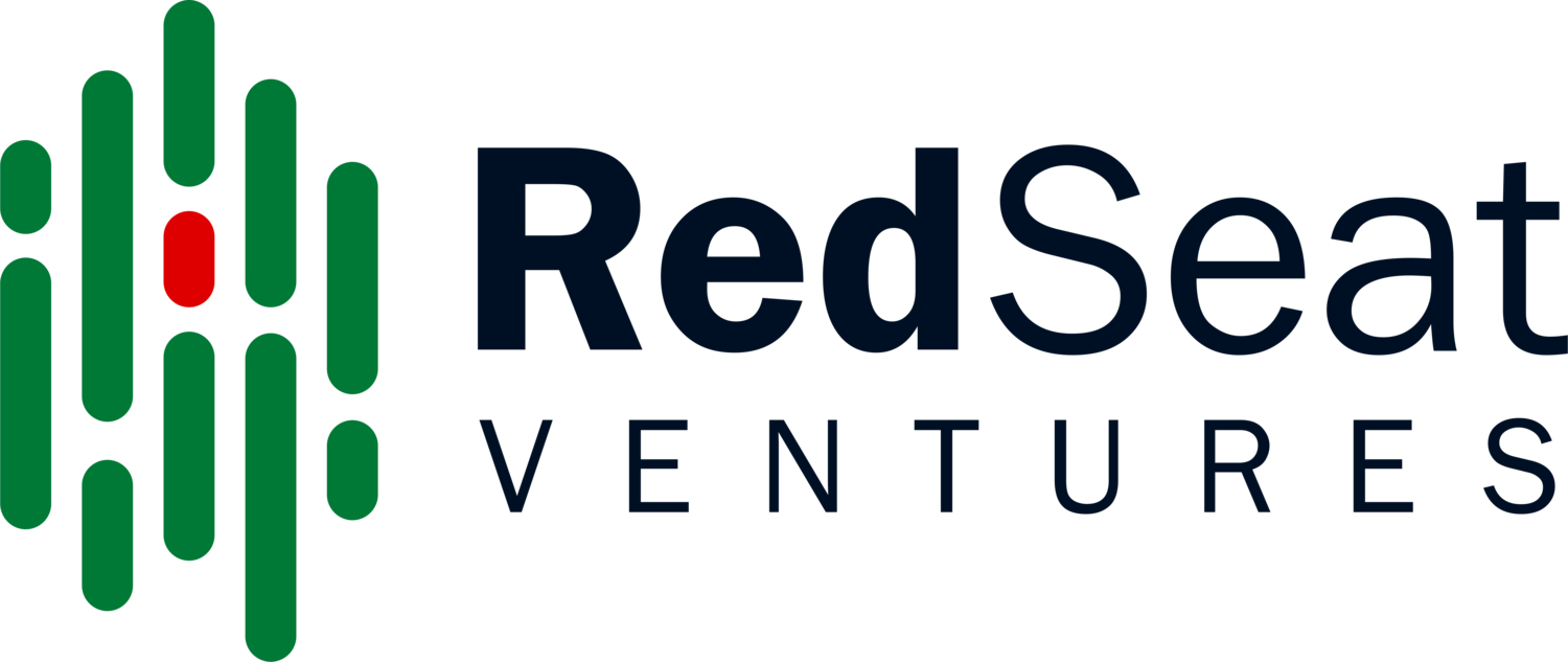 The logo for redseat ventures is a green and black logo with a red circle in the middle.