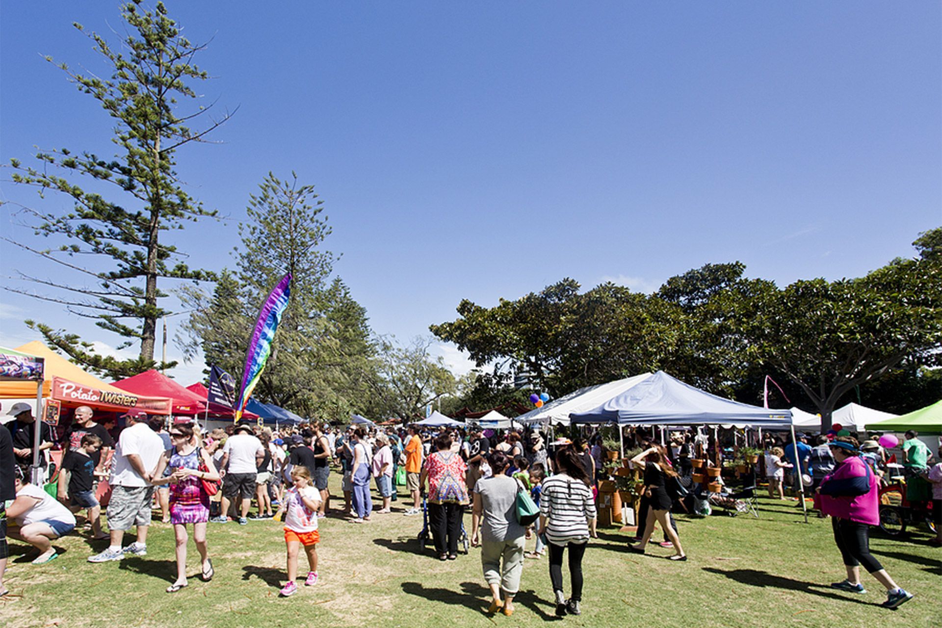 Crowd at an outdoor market on a sunny day; people browsing colorful stalls, green grass, blue sky.