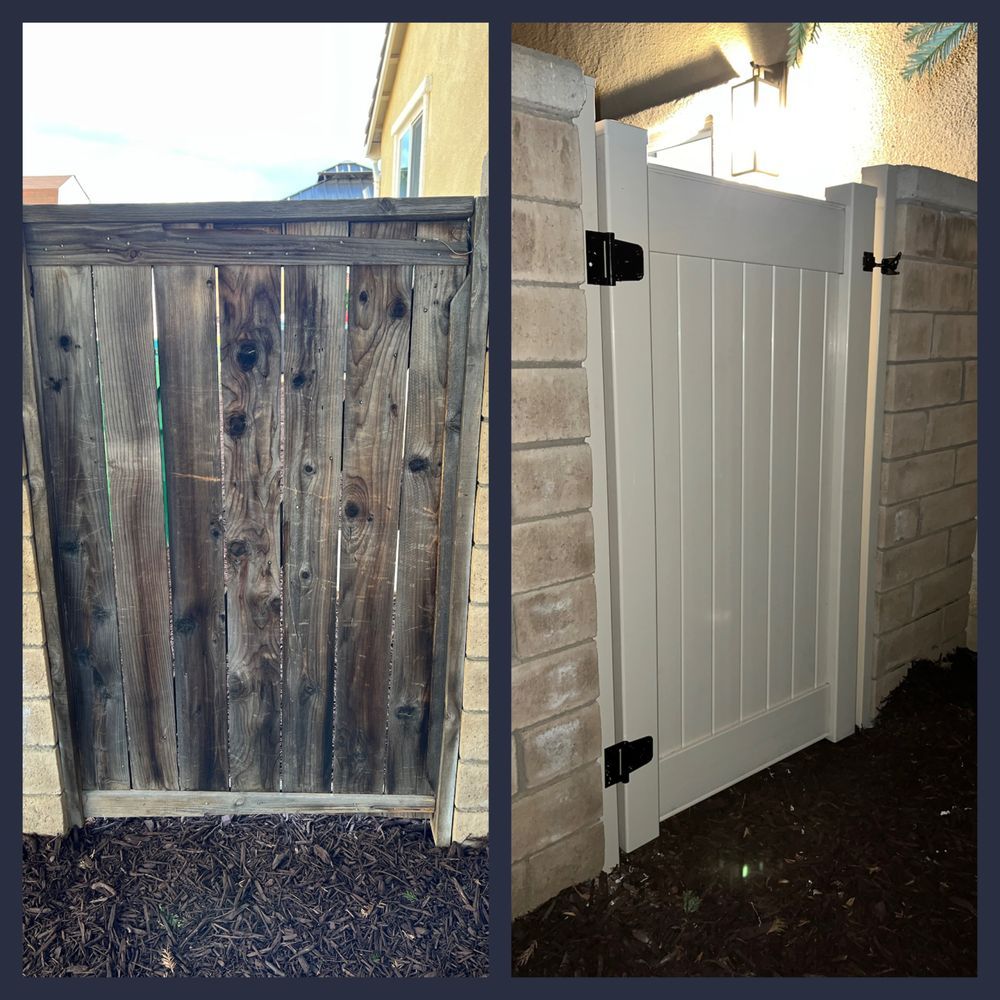 Before-and-after of a gate: Old, weathered wooden gate vs. new, white vinyl gate on brick posts.