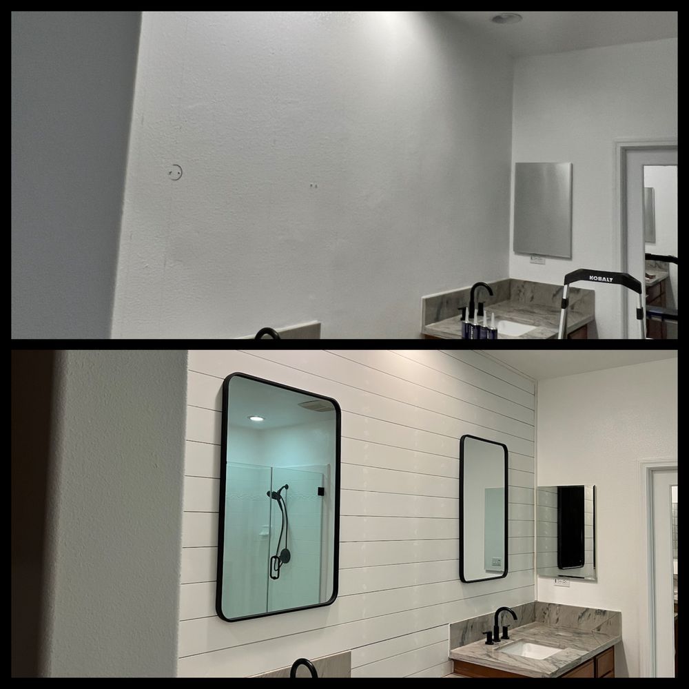 Bathroom renovation comparison: top shows plain wall; bottom shows shiplap, mirrors, shower.