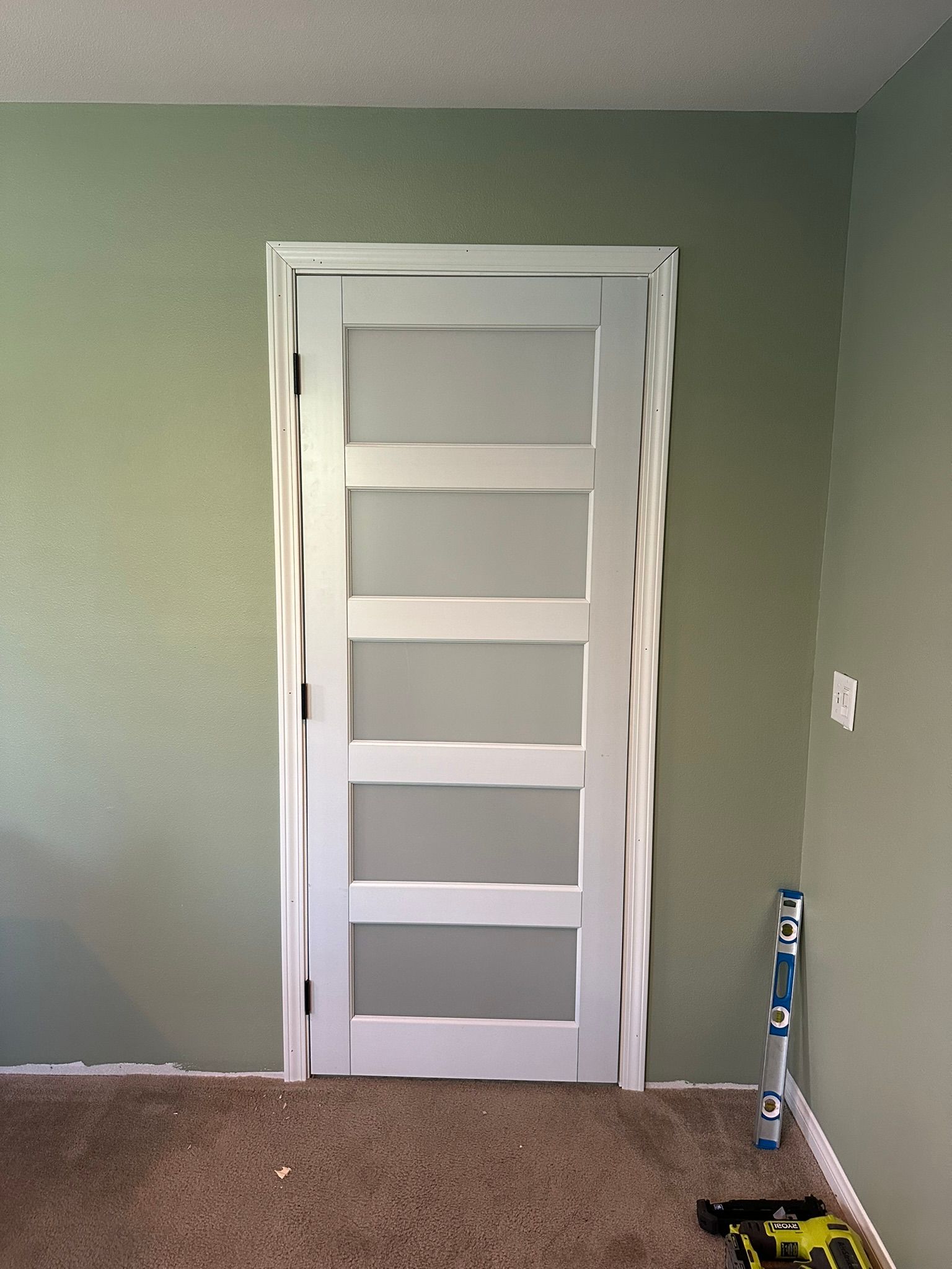 White interior door with frosted glass panels, surrounded by white trim against a green wall.