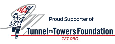 Firefighter running with American flag; Tunnel to Towers Foundation logo.