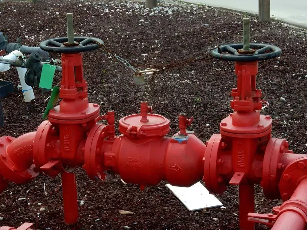 Two Red Industrial Gate Valves Connected by a Central Check — Dunnrite Plumbing Services in Airlie Beach, QLD