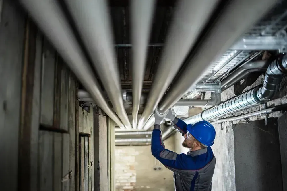 A Technician Inspects Overhead Industrial Pipes in a Utility Basement — Dunnrite Plumbing Services in Proserpine, QLD