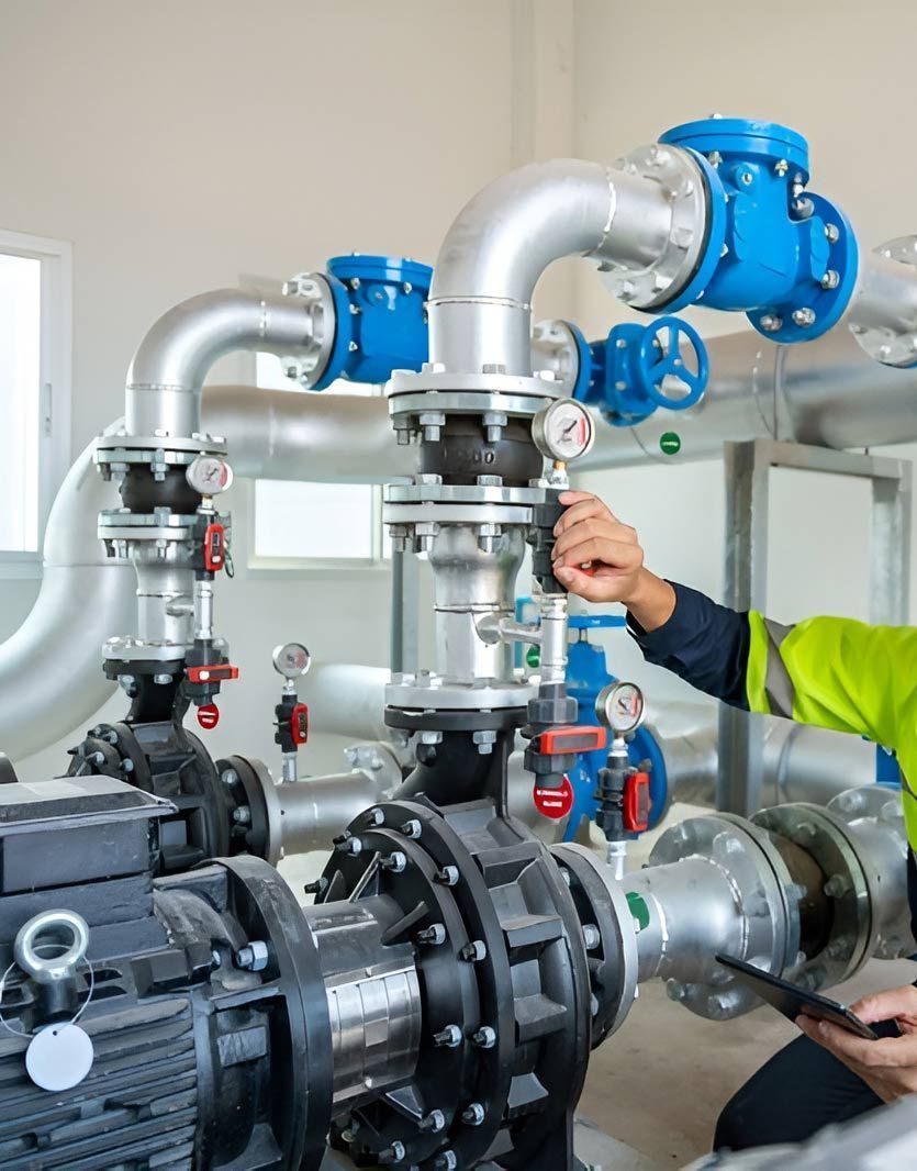 Inspecting Industrial Pump Valves and Gauges in A Mechanical Room — Dunnrite Plumbing Services in Proserpine, QLD