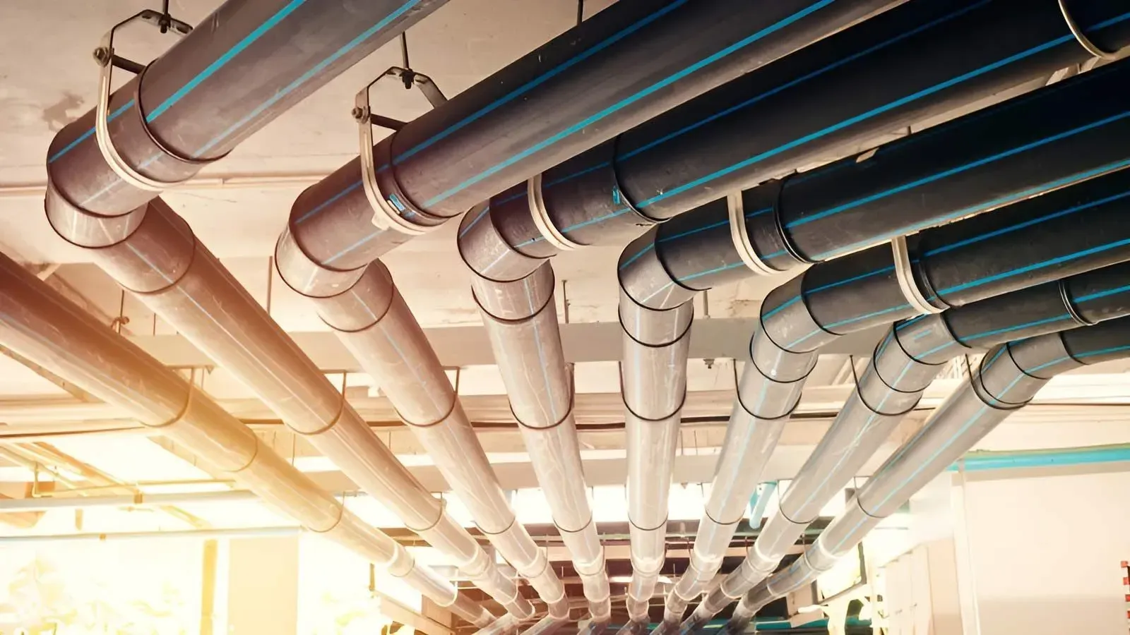 Multiple Black Industrial Pipes with Blue Stripes — Dunnrite Plumbing Services in Proserpine, QLD