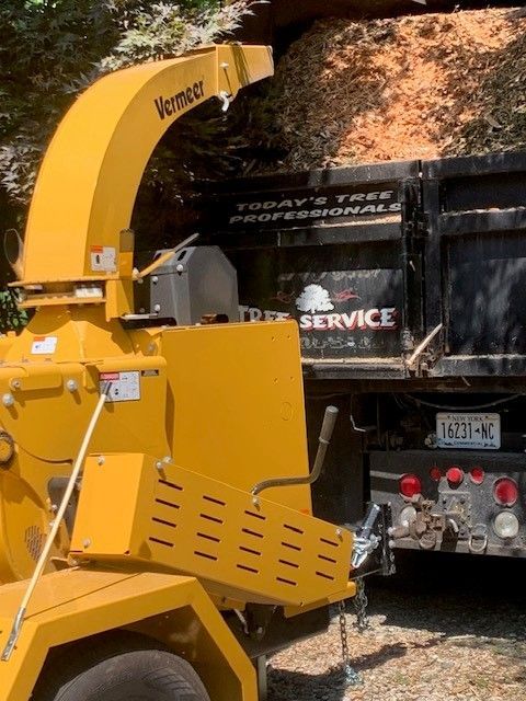 A stump in the middle of a field next to a house.