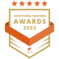 A badge certifying the TechXpress won the exceptional provider award for 2023
