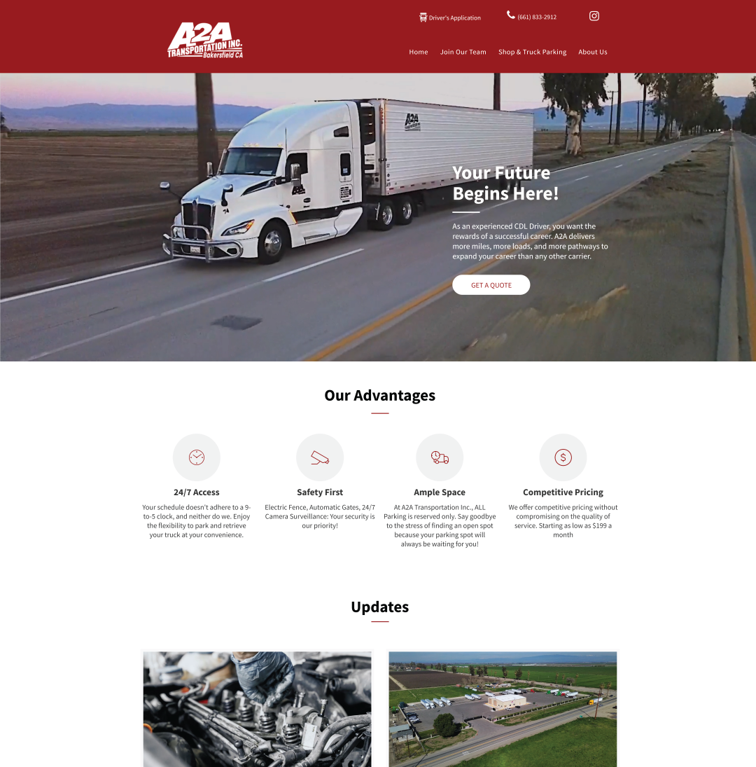 The homepage of a2a transportation website showing a semi truck on the road