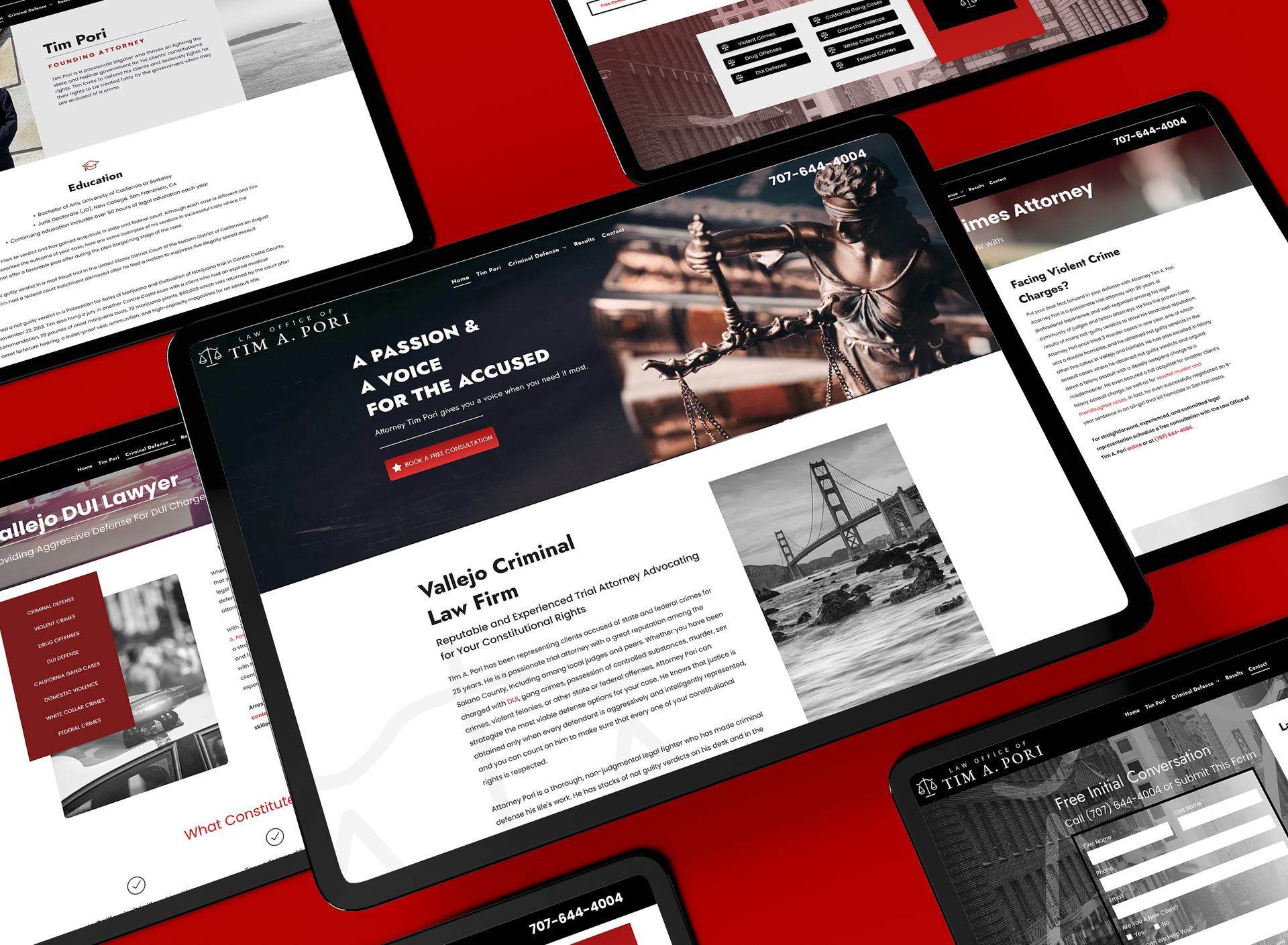 A tablet with The Law Office of Tim A. Pori's website on it is surrounded by other tablets with the website on them as well. 