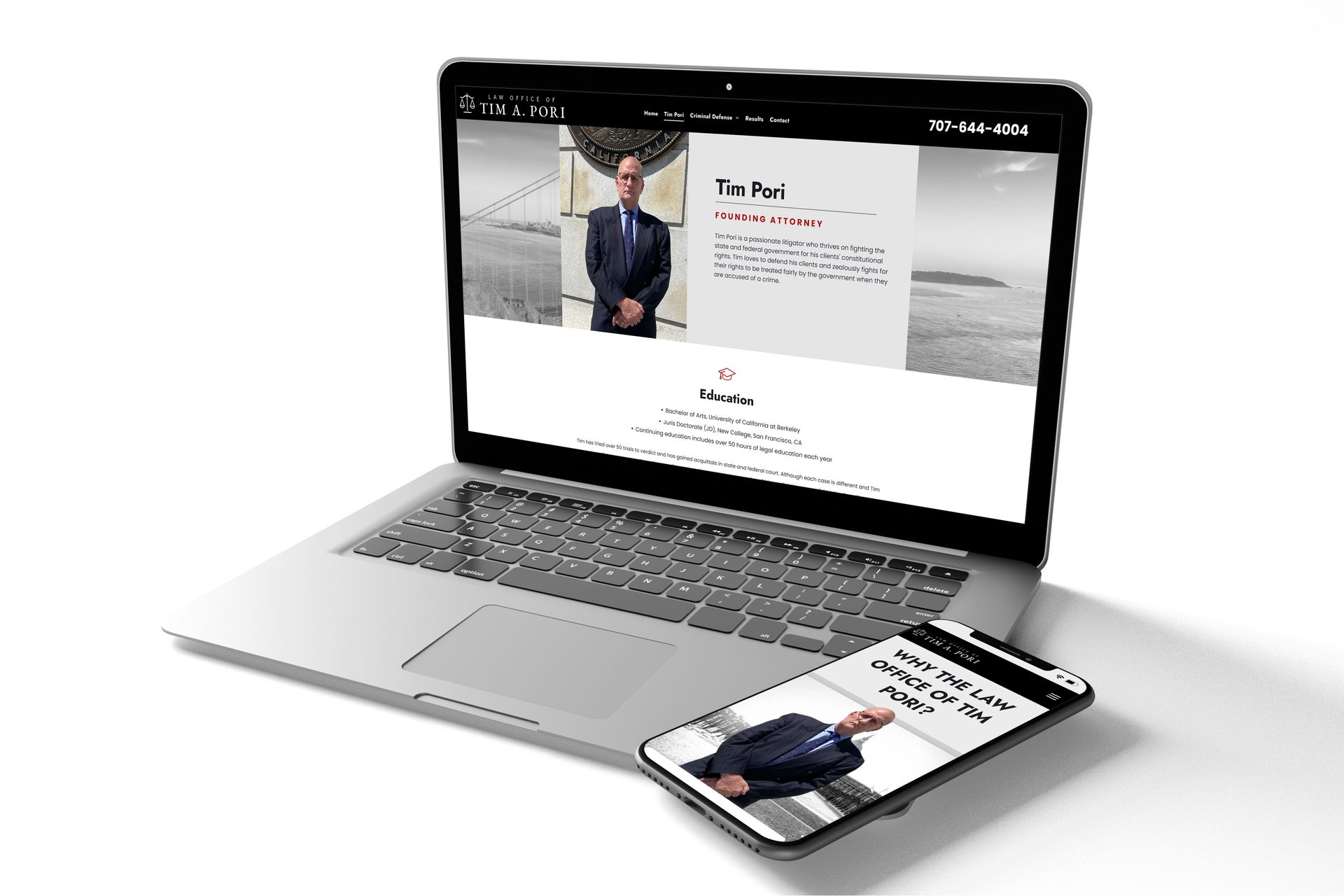 A laptop and a cell phone are open to The Law Office of Tim A. Pori's website