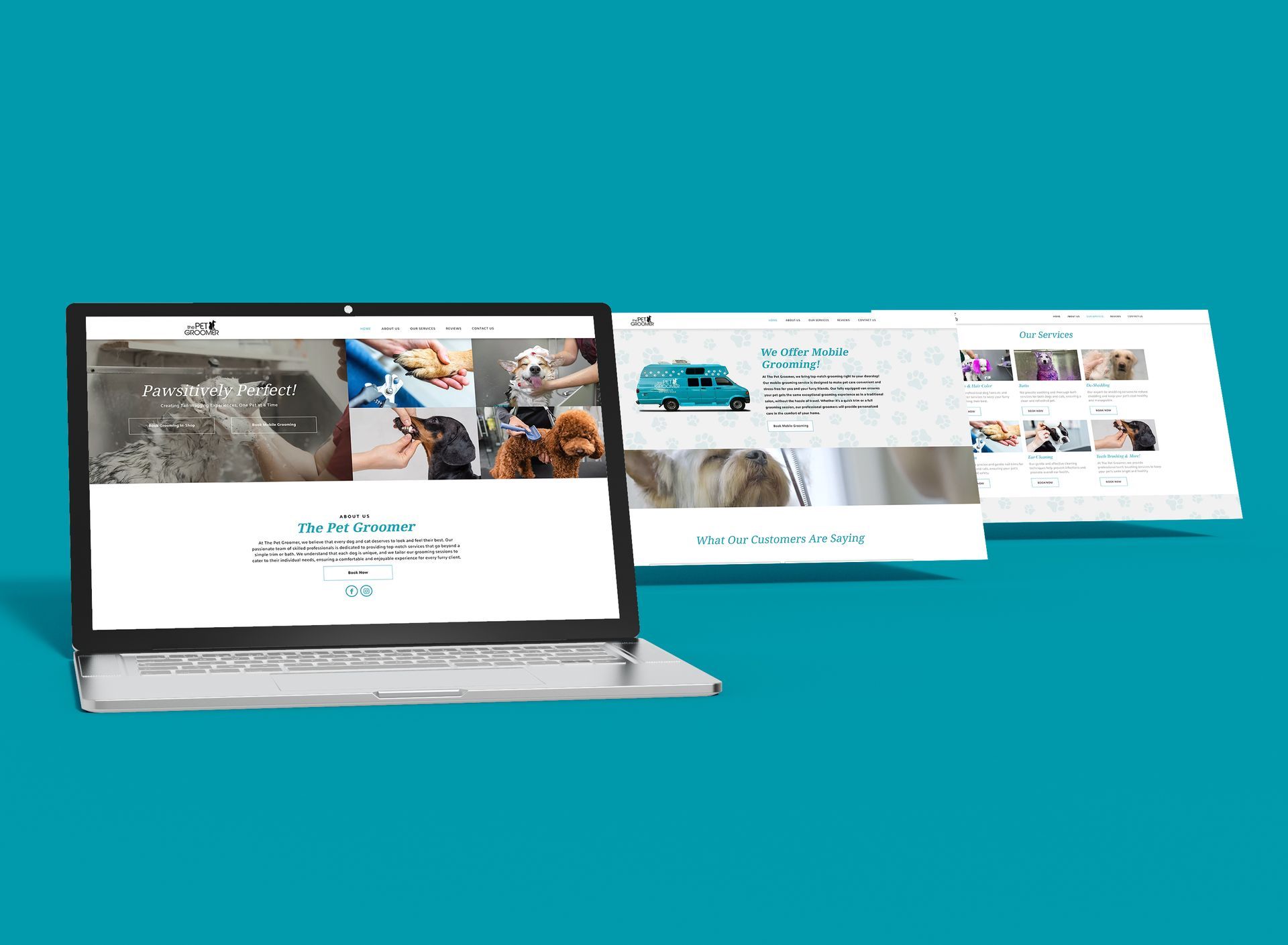 A laptop computer is open to The Pet Groomer Website