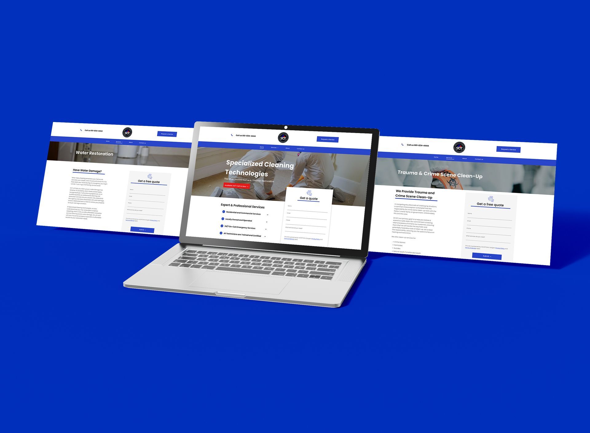 Laptop is open and displaying different pages of the Specialized Cleaning Technologies Website