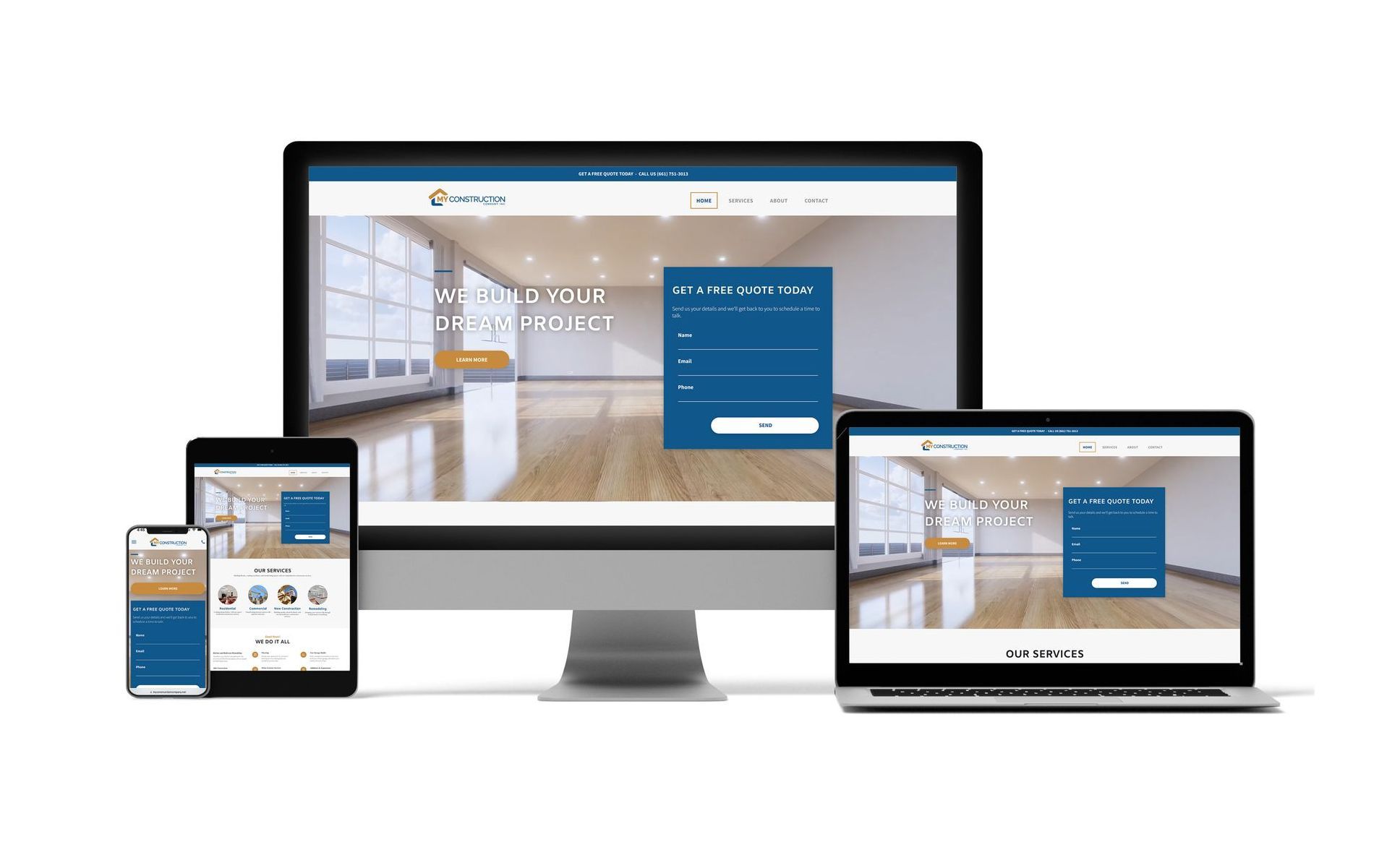 A computer , laptop , tablet and phone are displaying the My Construction Co. Website