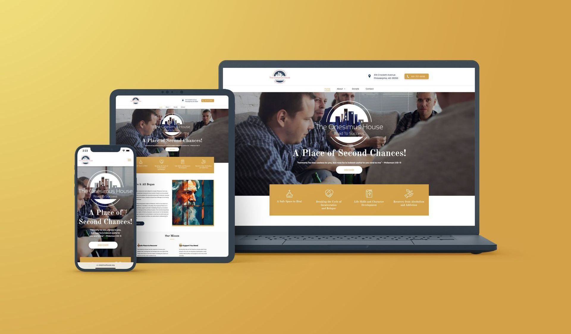 A laptop a tablet and a cell phone are shown on a yellow background displaying The Onesimus House Website