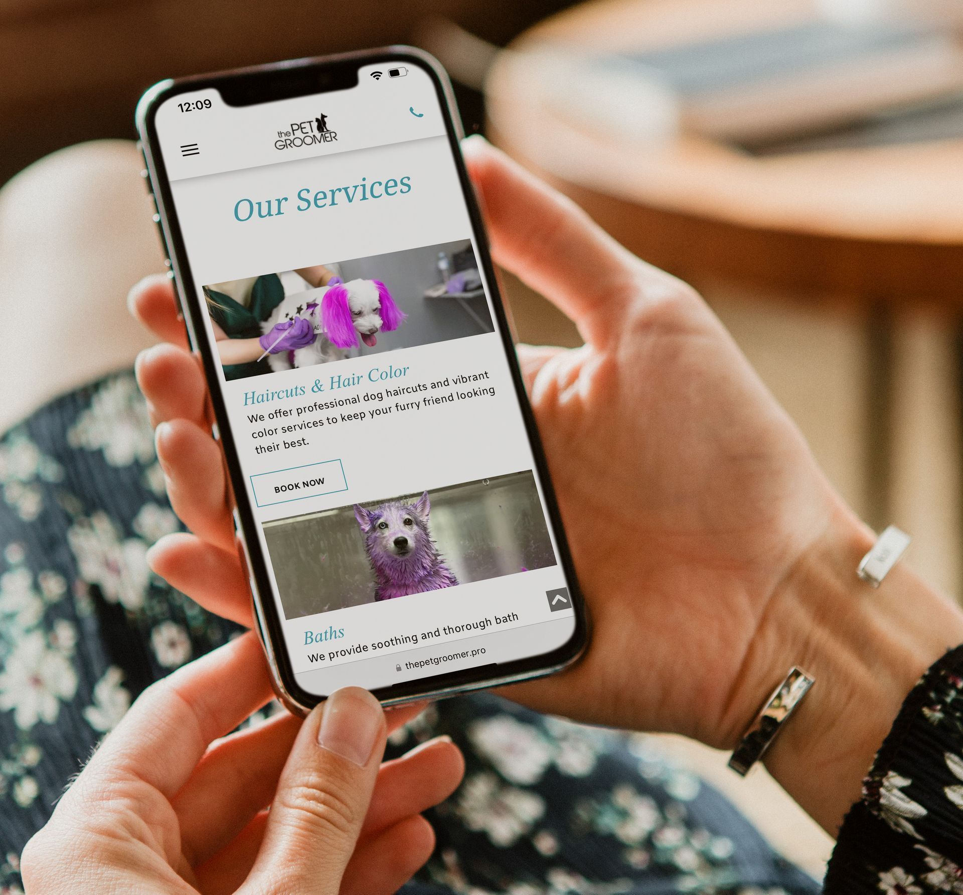 A person is holding a cell phone with the Our Services section of The Pet Groomer's website on screen