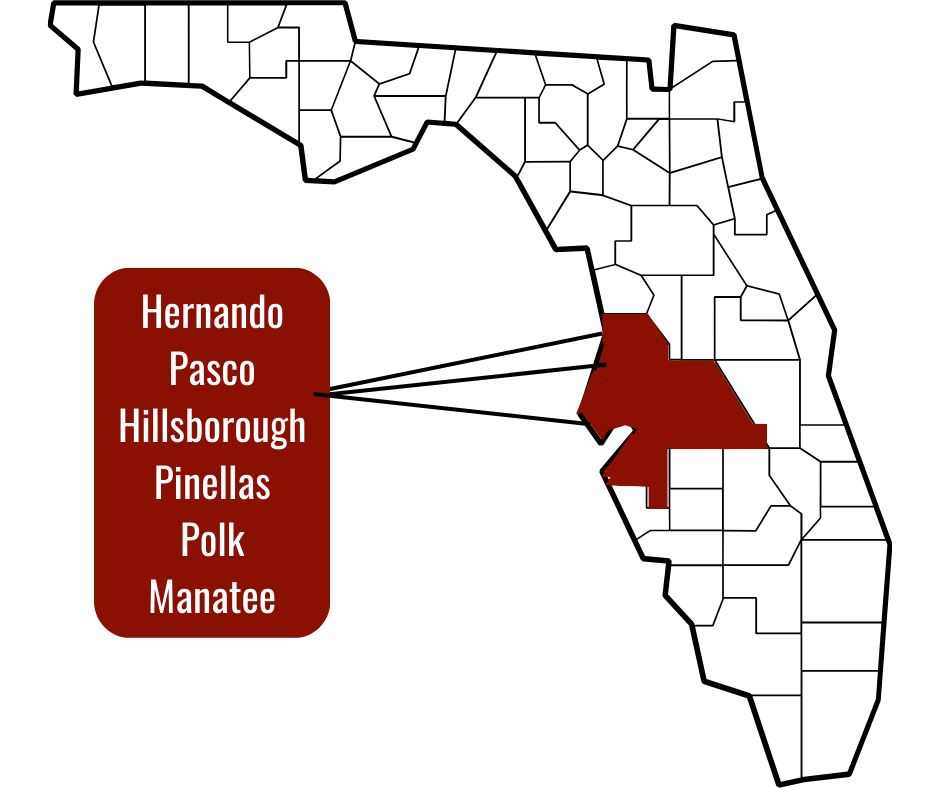 A map showing the location of pasco hillsborough pinellas polk manatec